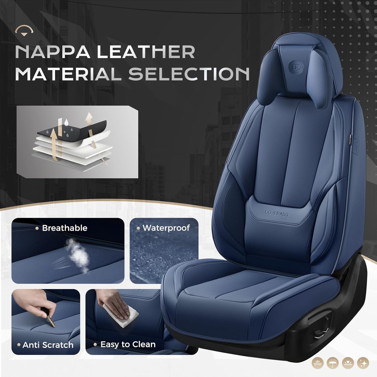 coverado seat covers full set, 5 seats seat covers for cars, waterproof nappa leather car seat covers with head pillow, seat protectors car seat cushion universal fit for most cars (blue) blue(pillow) fullset