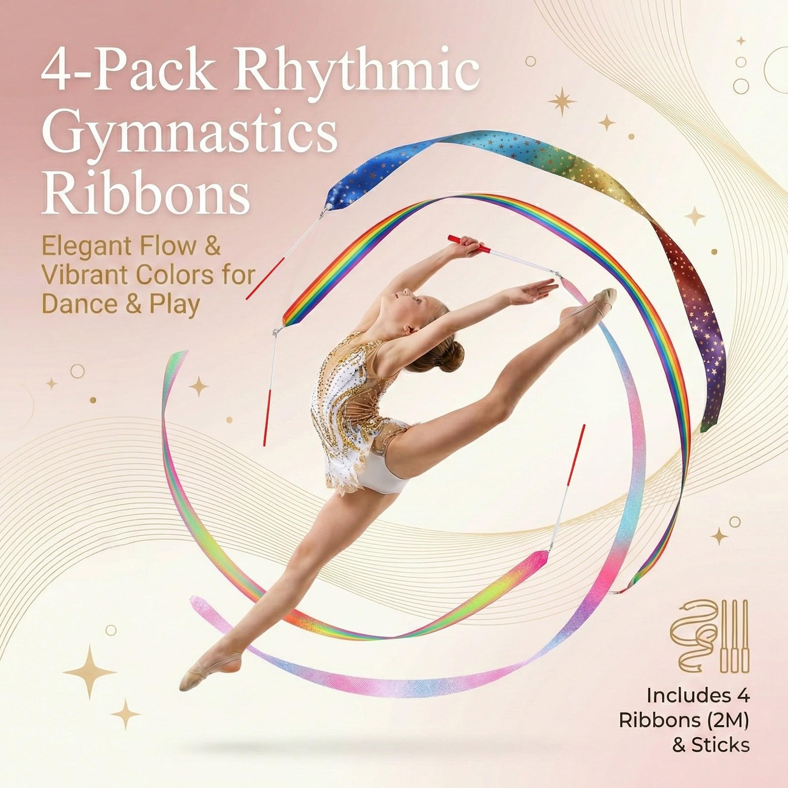 Cinta Gimnasia Ritmica Niña,4 Piezas Pelota Gimnasia Ritmica, Accesorios de Gimnasias, Cinta de Baile Rítmico,para Baile Artístico, Adultos, Espectáculos de Talentos Infantiles - 3