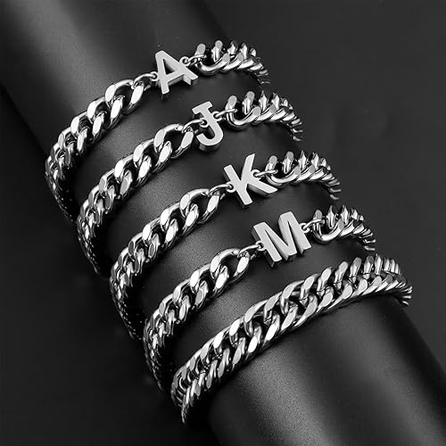 Miniatura 4 de Ritach Initial Bracelets for Men Silver, 2PCS Stainless Steel Cuban Chain Link Initial Bracelets for Mens Bracelet Set Letter A-Z Bracelets for Men