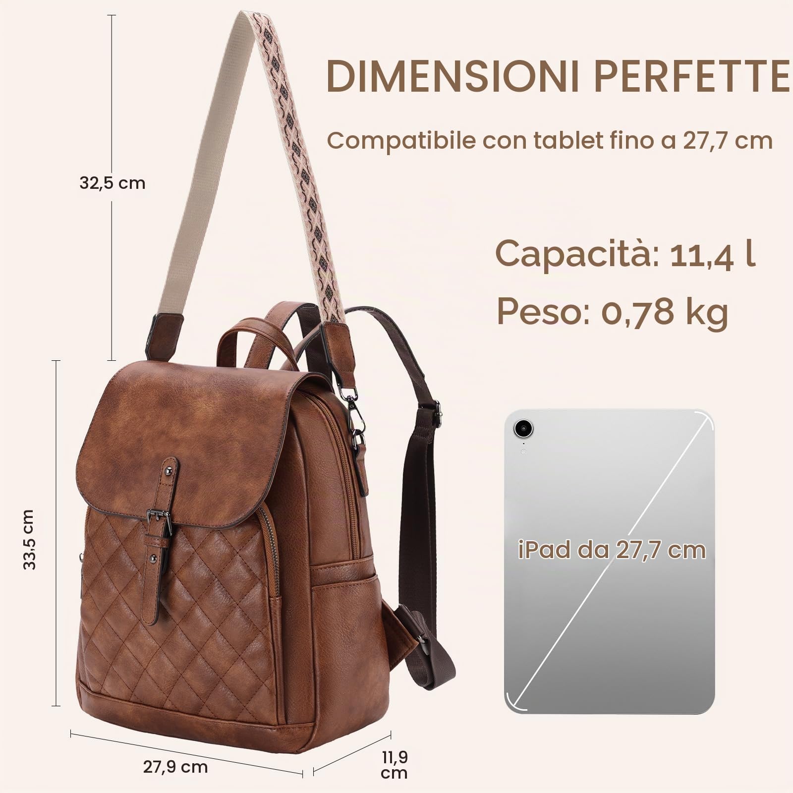 Chase Chic Borsa Zaino Donna, Zaino Antifurto Elegante Zaino Casual in Pelle Borsa a Tracolla Impermeabile per Scuola Viaggio Lavoro Shopping, Marrone