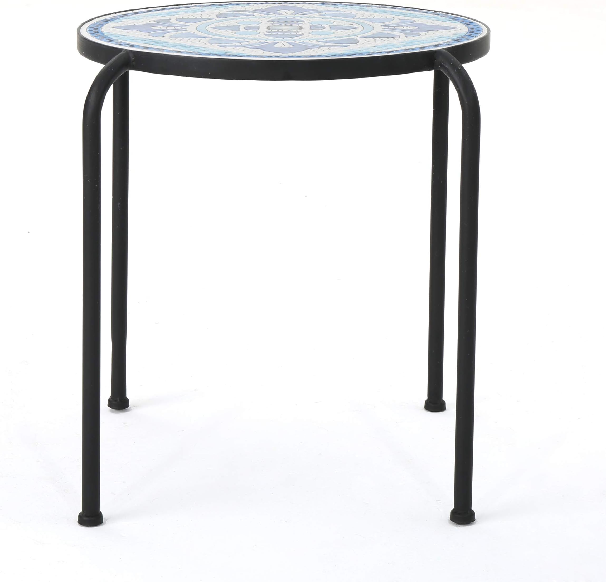 Christopher Knight Home Skye Outdoor Ceramic Tile Side Table with Iron Frame, Blue / White