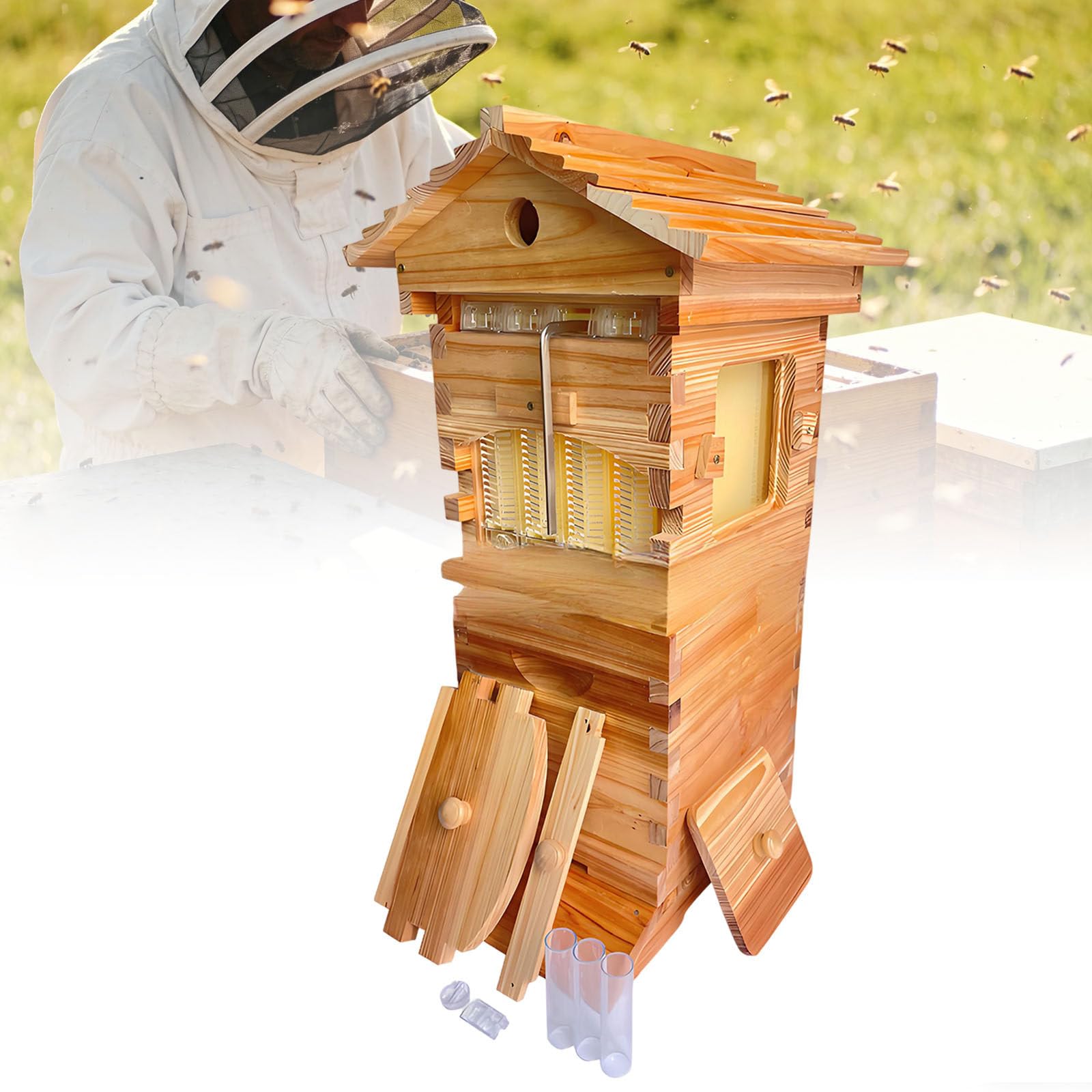 Ymnogjie Self Flowing Honey Beehive Wooden Box,Auto Bee Hives Boxes Starter Kit with with Observation Chamber,Beehives and Supplies Starter Kit for Beekeepers