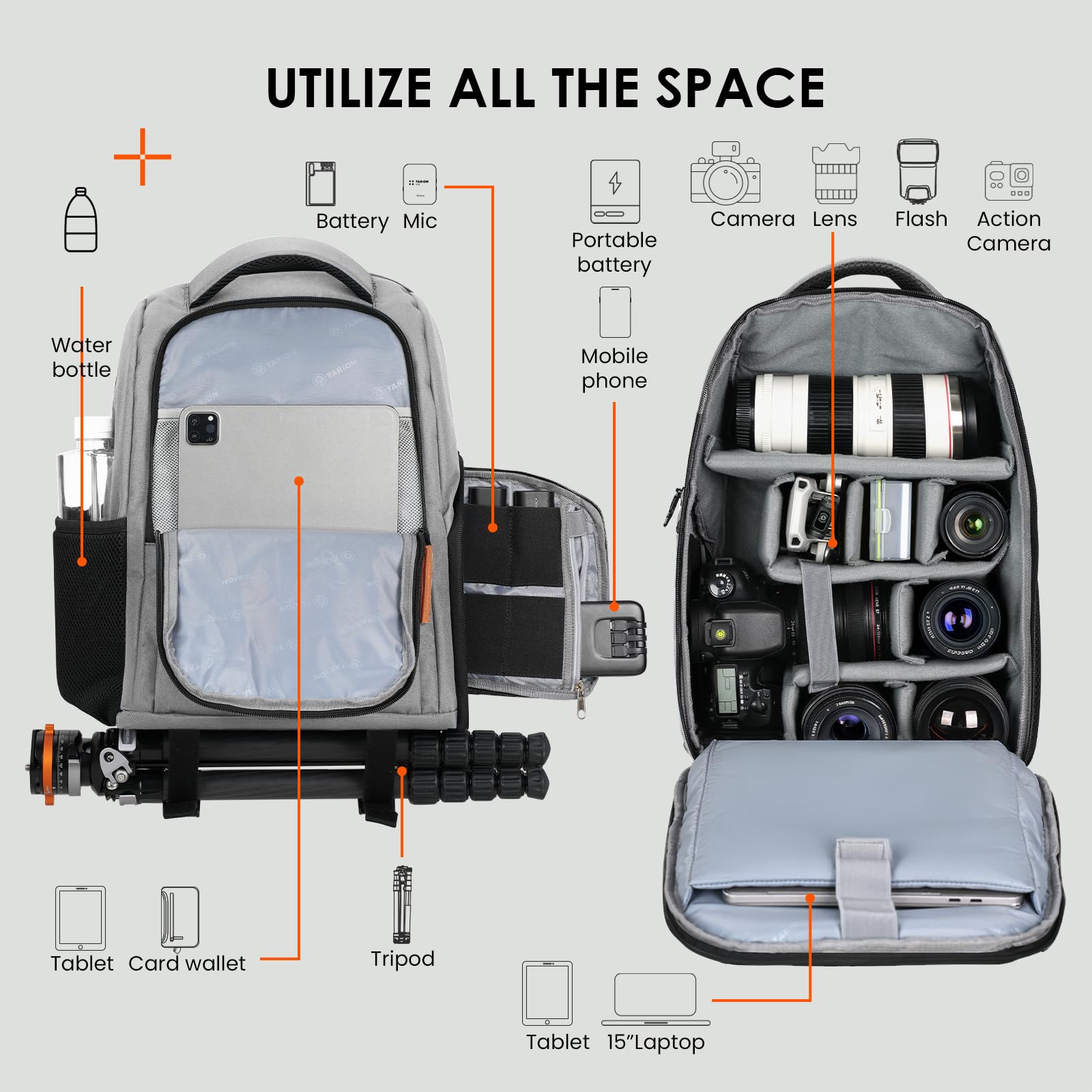 TARION Mochilas grandes para cámara para fotógrafos, bolsa impermeable para cámara, mochila de fotografía con compartimento para laptop de 15.6 pulgadas, cubierta de lluvia, soporte para trípode de