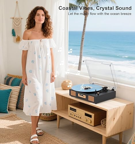 Miniatura 2 de Tocadiscos de vinilo vintage, tocadiscos de 3 velocidades con Bluetooth, grabación USBSD, altavoces estéreo integrados, salida RCA, pantalla