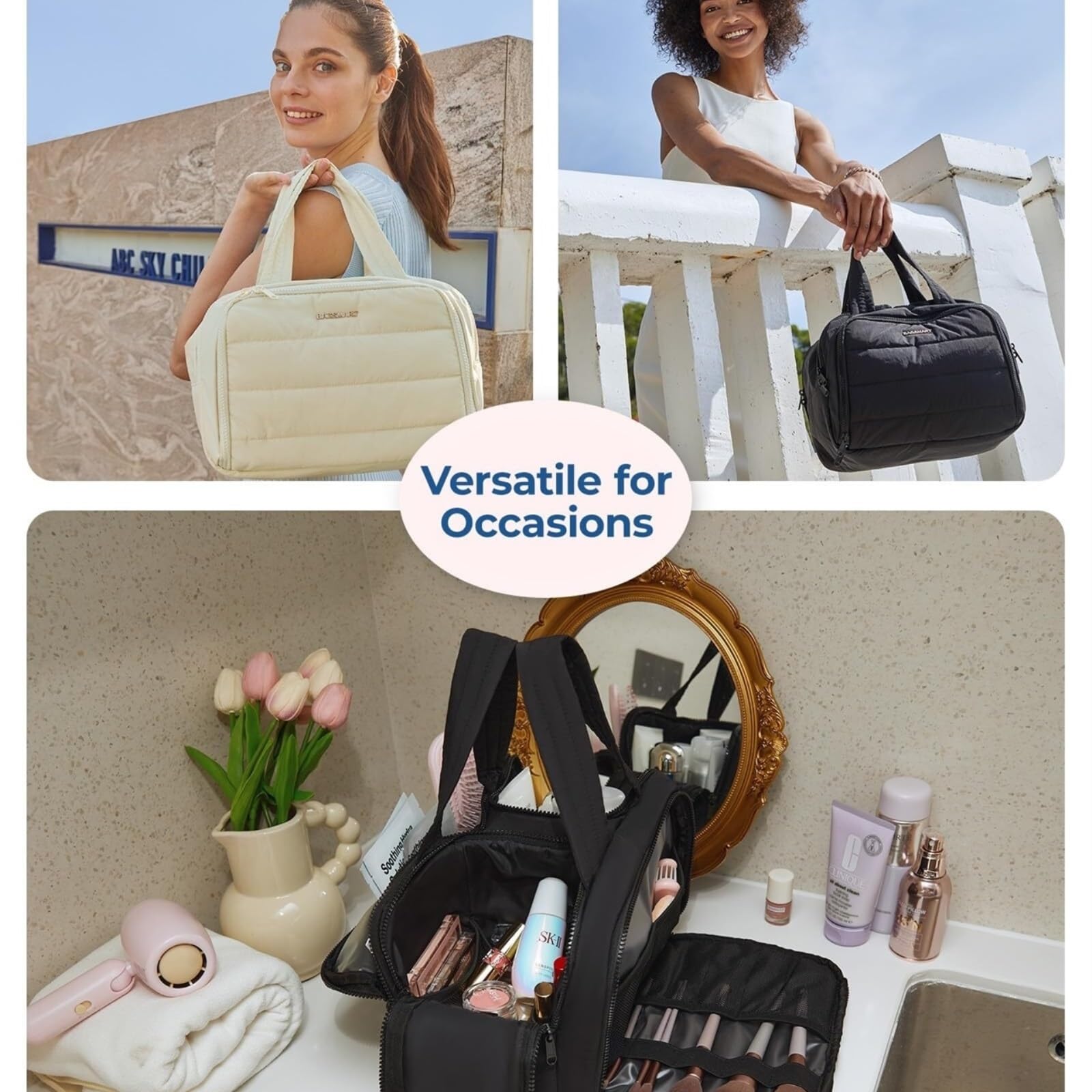 Kosmetiktasche Kulturtasche Reise-Kulturbeutel, Leichte Reisetasche, Flauschige Kosmetiktasche, Make-up-Tasche, Aufbewahrungstasche Mit Griff Schminktasche Damen(Beige)