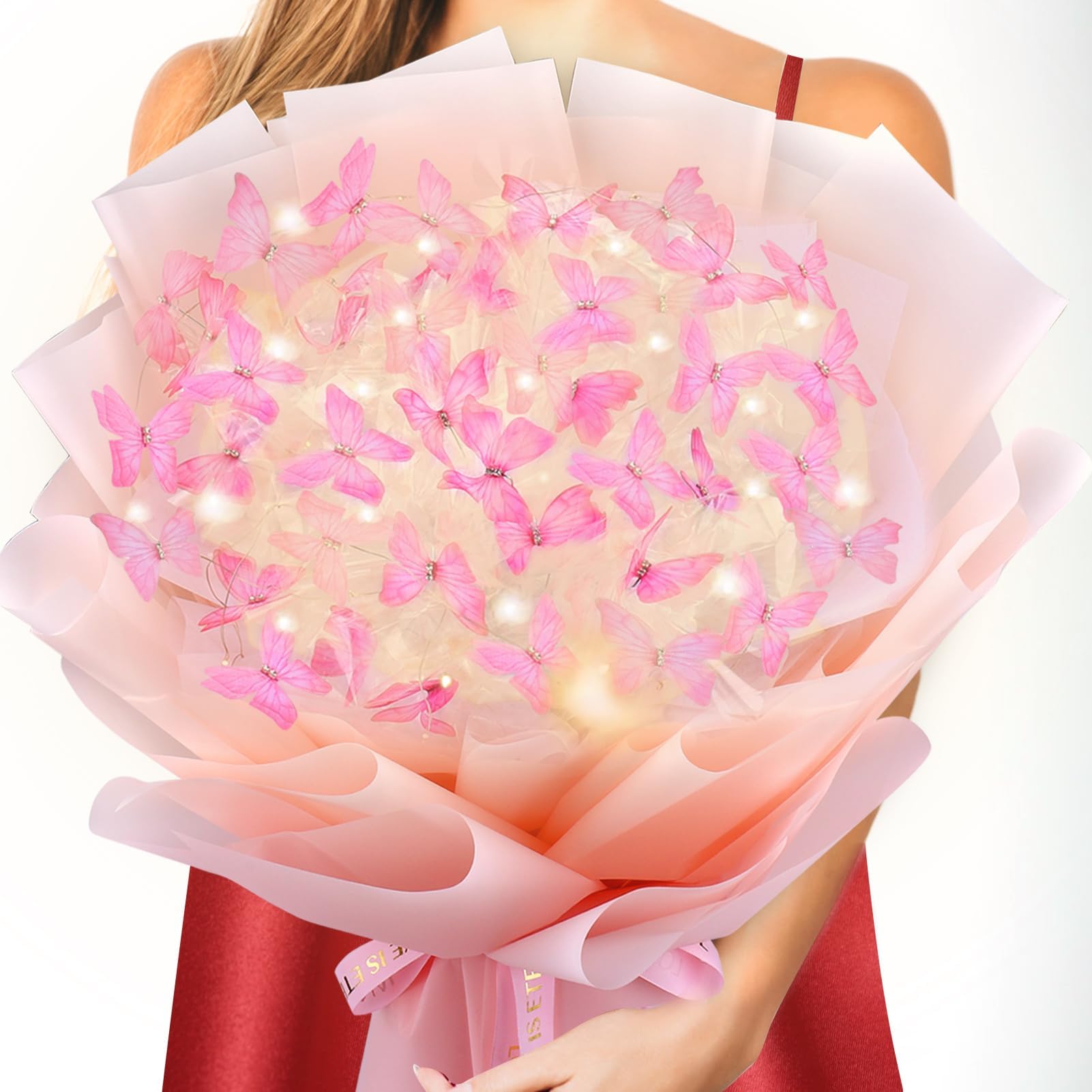 BABORUI DIY Artificial Flower Bouquet, Pink Butterfly Bouquet Accessories with Light, Butterfly Bouquet Kit Gift for Valentine's Day Mother's Day Wedding Birthday