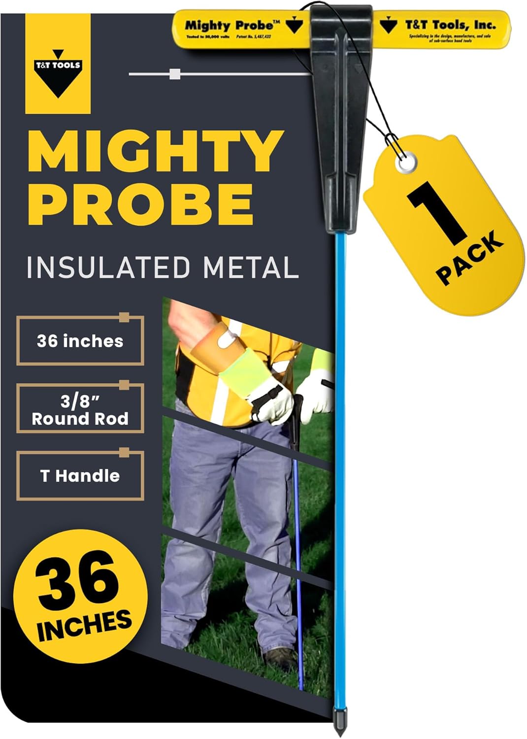 T&T Tools 36-Inch Mighty Probe Insulated Metal Soil Probe  3/8" Metal Round Rod, Heavy Duty Design for Easy Penetration & Withdrawal, Soil Testing & Landscaping Tools, T-Handle, USA-Made-1 Pack