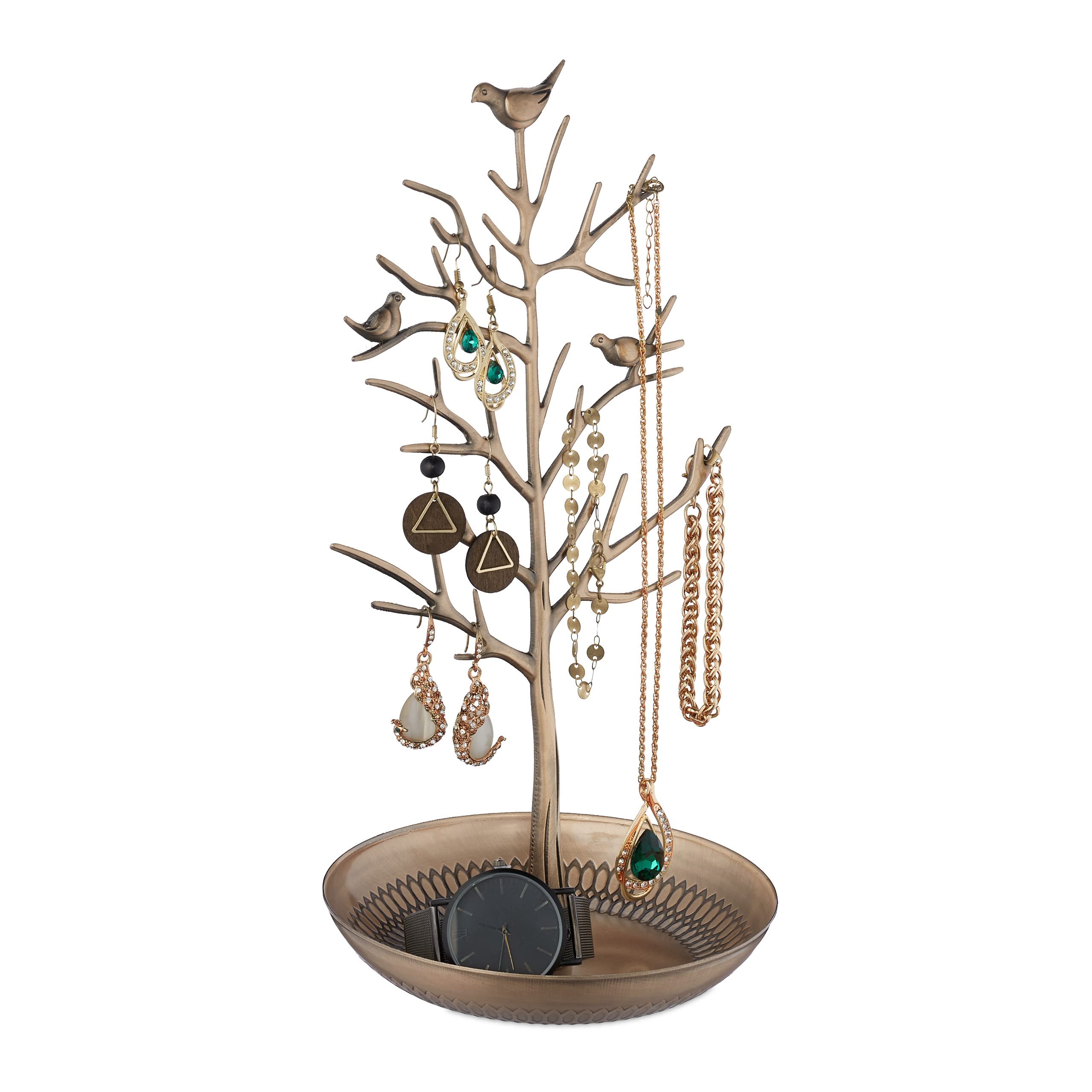 Relaxdays Portagioie, Stand Portagioielli, Forma d'Albero, in Metallo, HxLxP: 30x16x15 cm, Organizer per Bijoux, Dorato