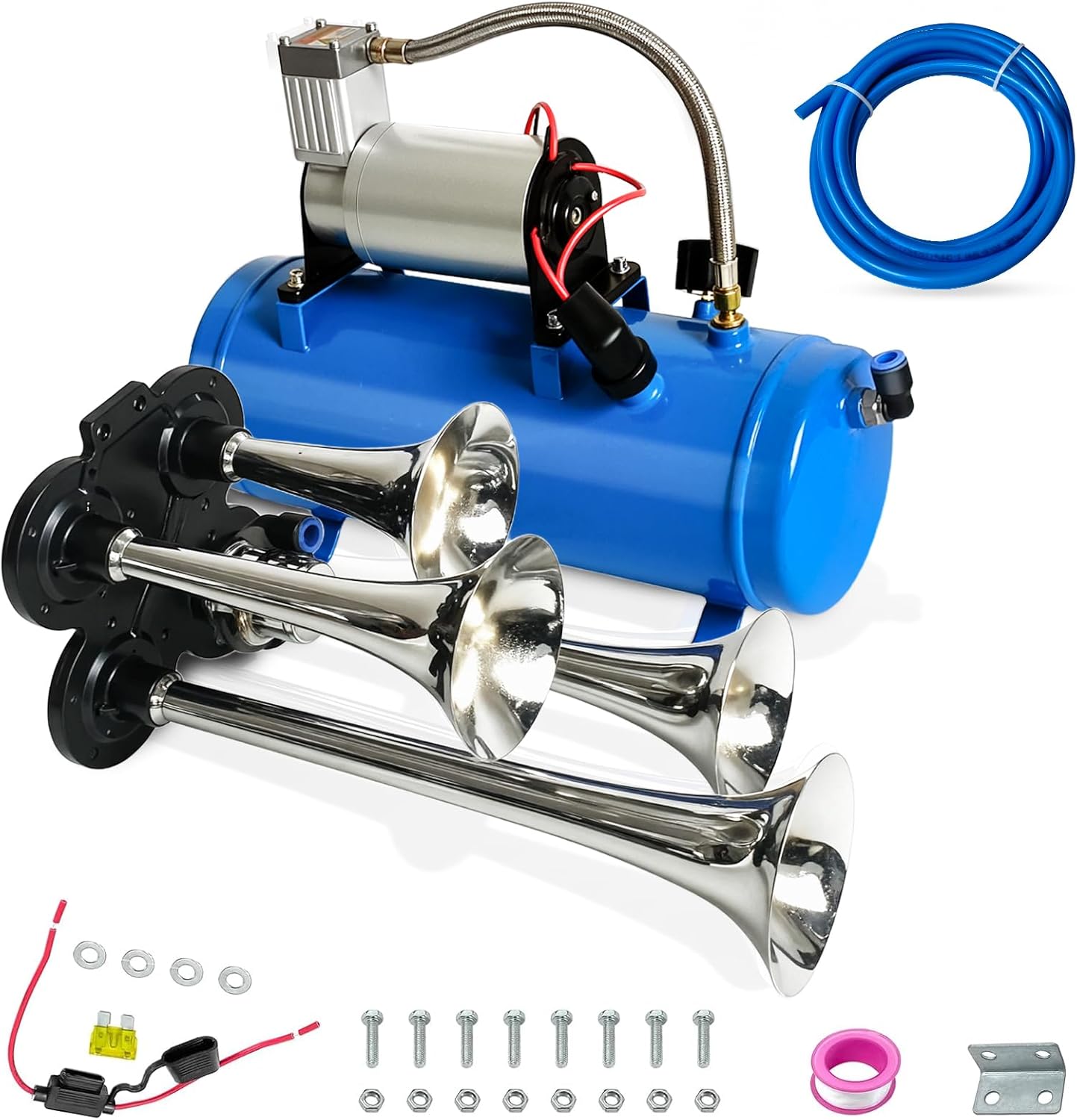 150dB Train Horn Kit for Trucks, 1.6 Gallon/6L Tank 150 PSI Air Compressor System, 4 Trumpet Super Loud Air Horn for Any 12V Vehicle Car Jeep SUV Pickup Boat, Complete Onboard System