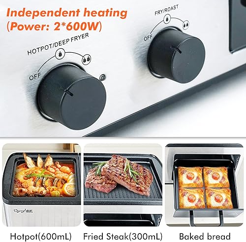 Miniatura 3 de Olla eléctrica 4 en 1 con parrilla y cesta para freír, control de temperatura dual independiente, calentamiento rápido para barbacoa coreana,