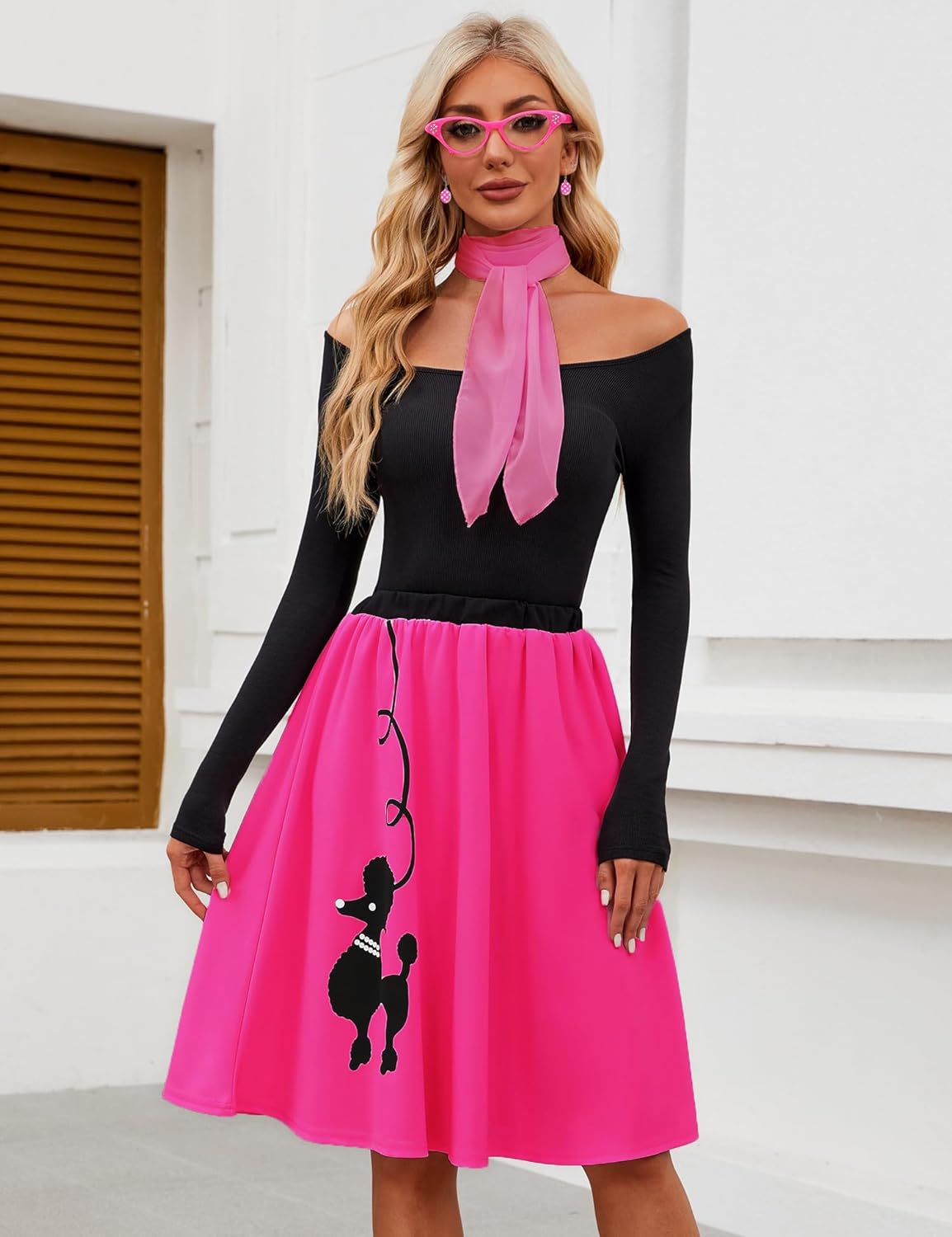Womens Poodle Skirts 1950s Outfits Adult Halloween Costumes 2025 with Scarf Glasses Vintage Earring Skirts 4 Pcs Set Large 02-hot Pink