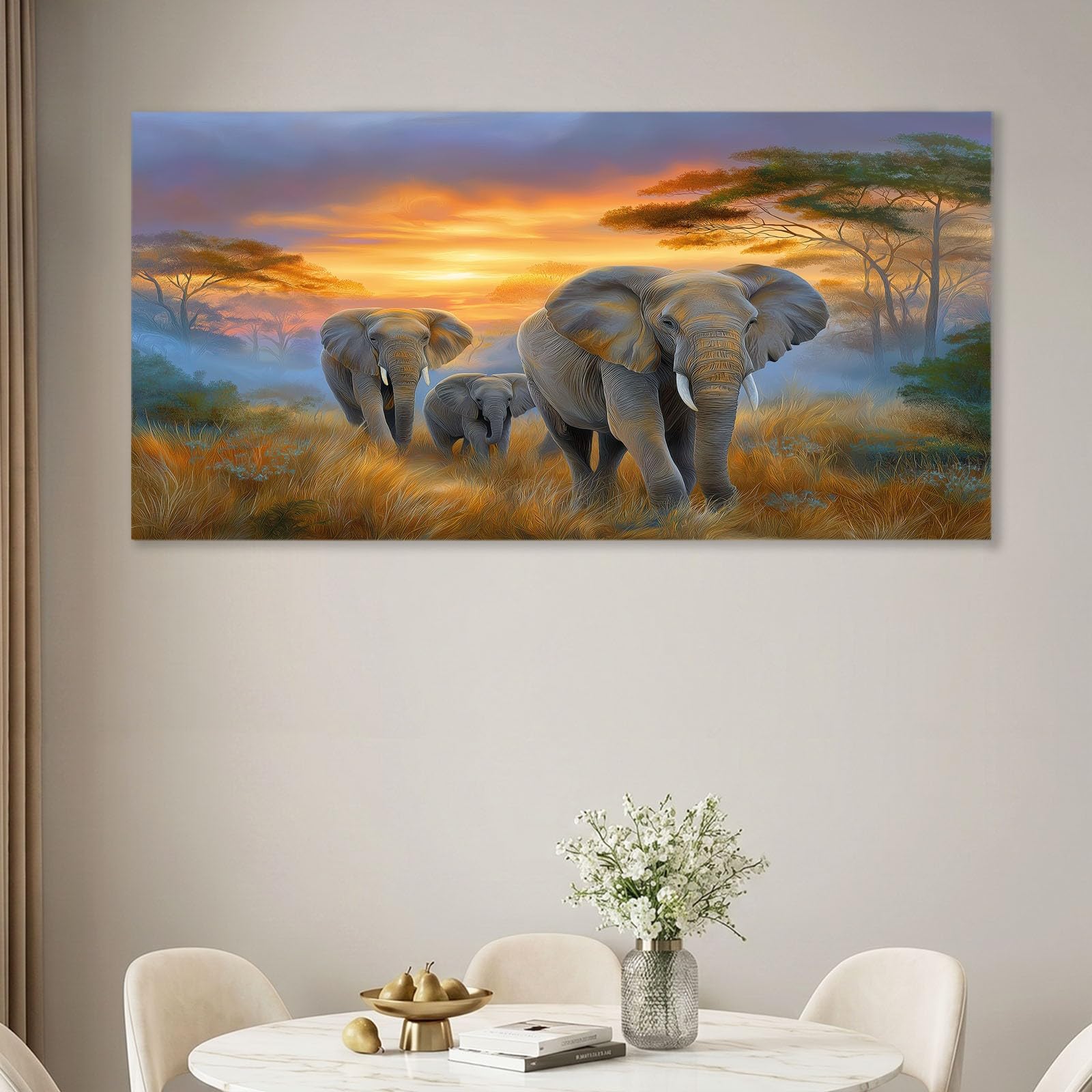 Obraz ścienny zwierzęta, obraz na płótnie - ściana na płótnie 100 x 70 cm, wydruk na płótnie ze słoniem, zachód słońca, akacja, oprawiona sztuka ścienna do salonu i sypialni, dekoracja ścienna