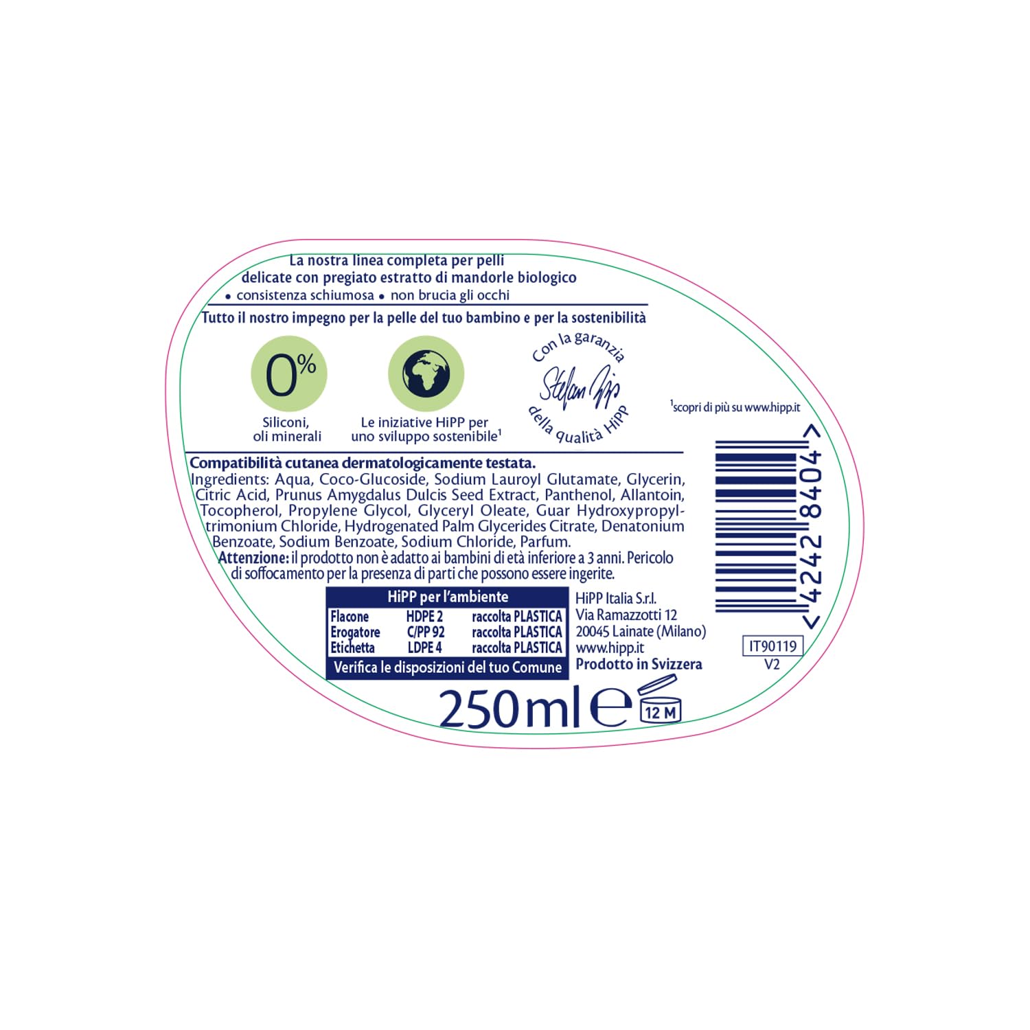HiPP - Baby Care - Mousse Detergente per Bambini a Forma di Simpatica Paperella, Deterge e Idrata Corpo e Mani, per Pelli Sensibili, con Estratto Naturale di Mandorle Bio, 1 Flacone da 250 ml