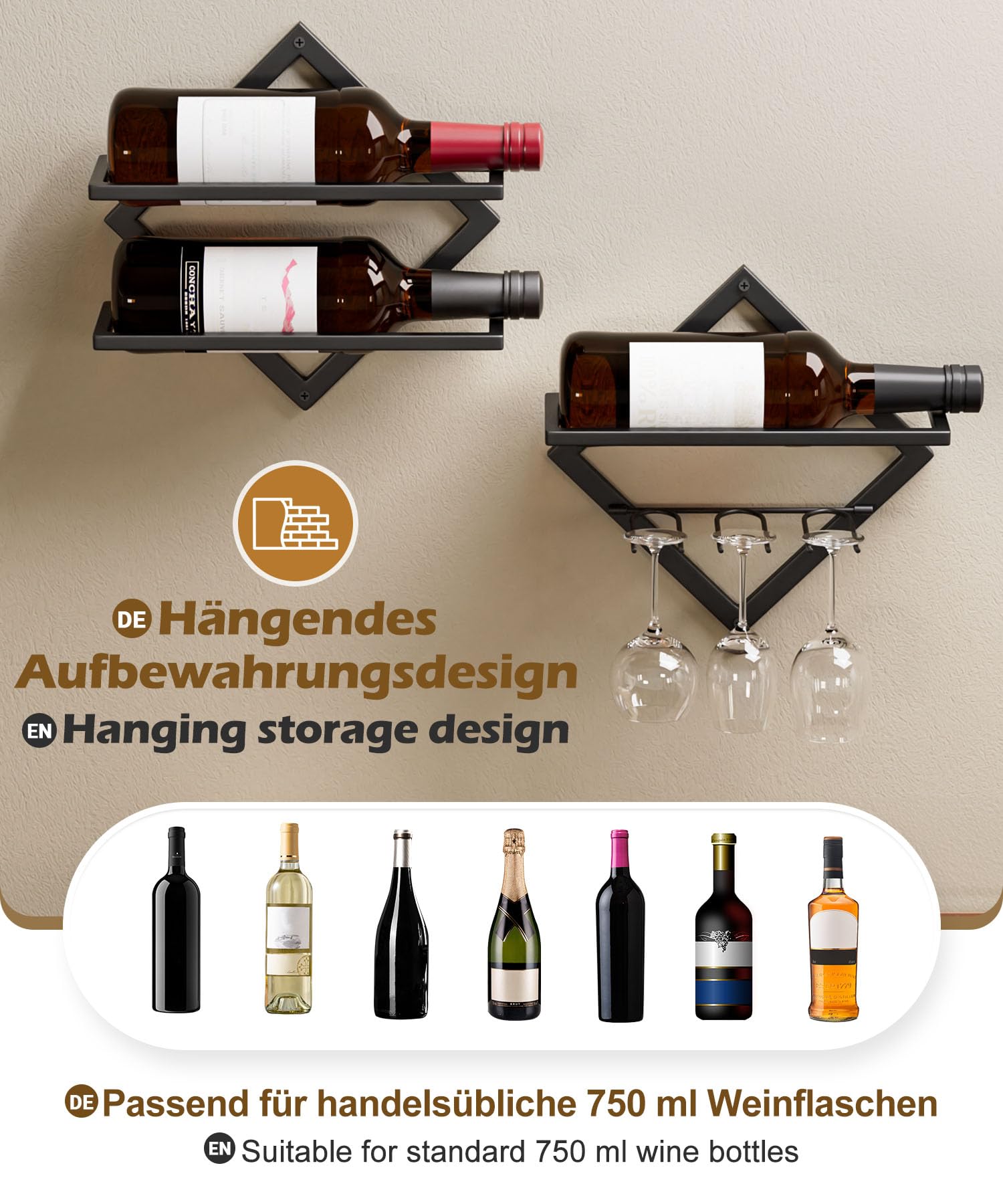 YORBAY Botellero de Pared Metálico con Portavasos: Botellero Vino Decorativo Moderno para 3 Botellas y hasta 6 Copas - Mueble Bar Ahorra Espacio para Salón Bar Cocina