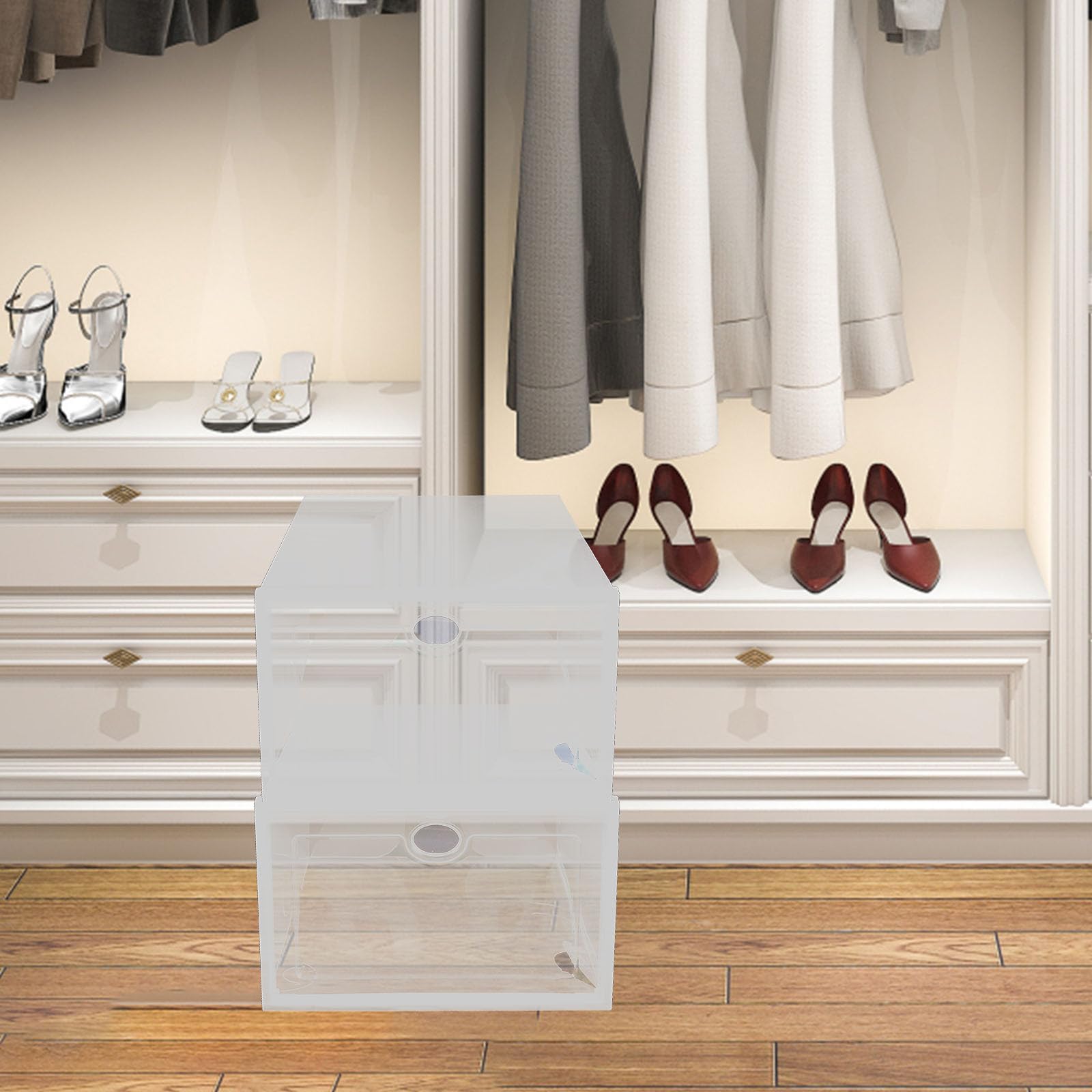 Beavorty Scatole Scarpe Impilabili in Pp 5 Pezzi, Contenitore Trasparente | 33 X 23x14cm, Cassetto Anello Elegante, Bianco Trasparente per Armadio e Sotto Letto