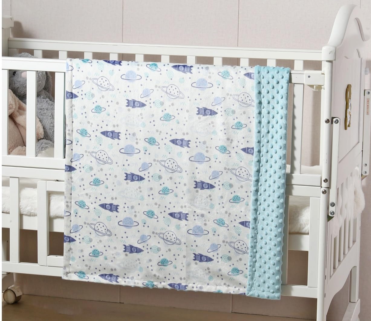 CREVENT Coperta per neonati morbida e confortevole, in poliestere, con retro a pallini, unisex, 75 x 100 cm, motivo: spazio