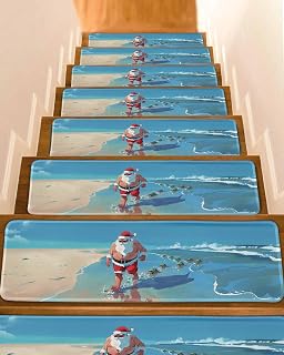 Stair Treads for Wooden Steps 4 Pack - 8"x30",Christmas Santa Claus Beach Ocean Turtle Indoor Stair Runner Non Slip Carpet Mat Staircase Step Treads for Kids Elders and Pets,Blue Oil Painting Style