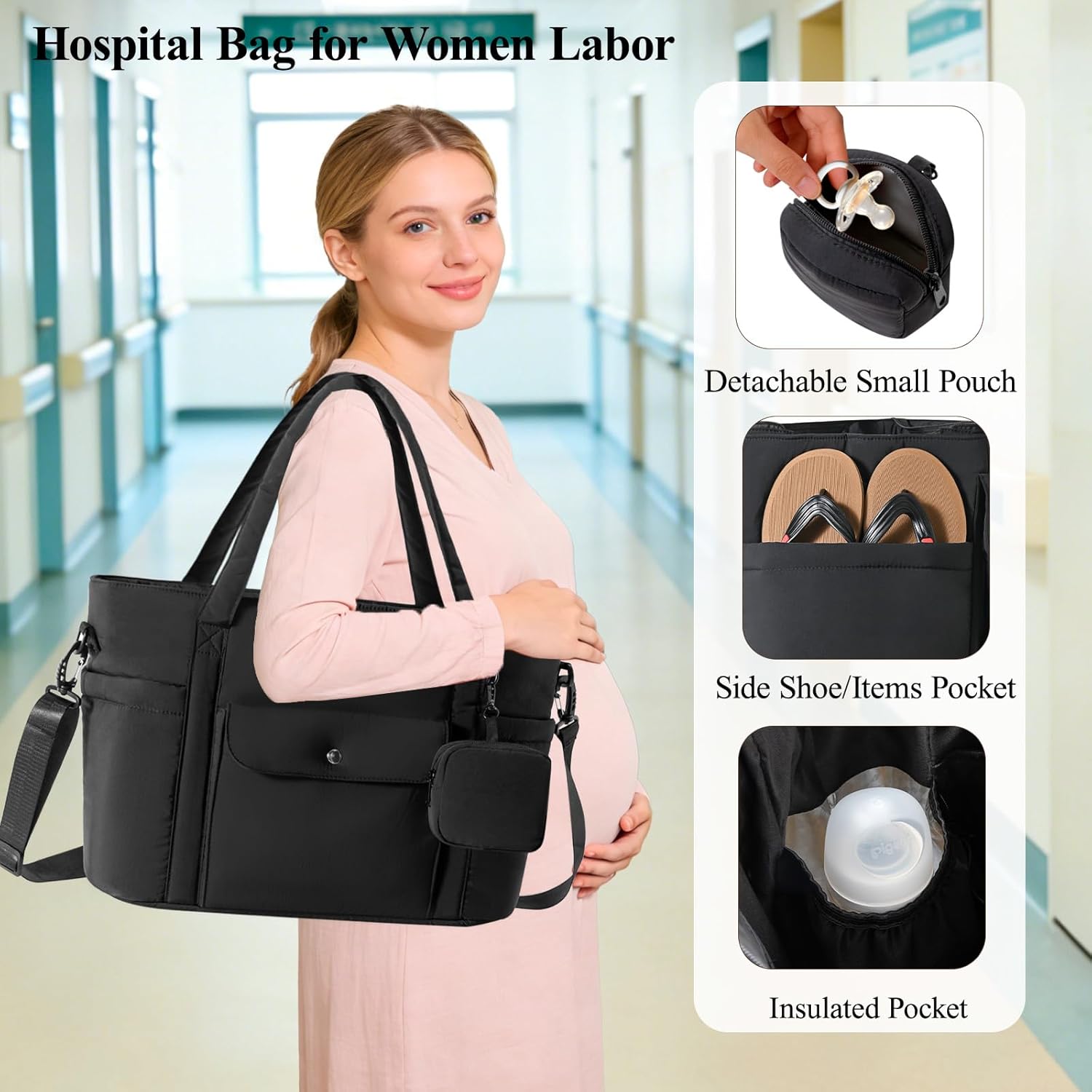 Large Tote Bag for Women with Toiletry Bag, Waterproof Travel Tote with Insulated Pocket & Laptop Compartment, Multi-Pocket Weekender Bag Carry On Tote for Work Travel Hospital Gym (Black)