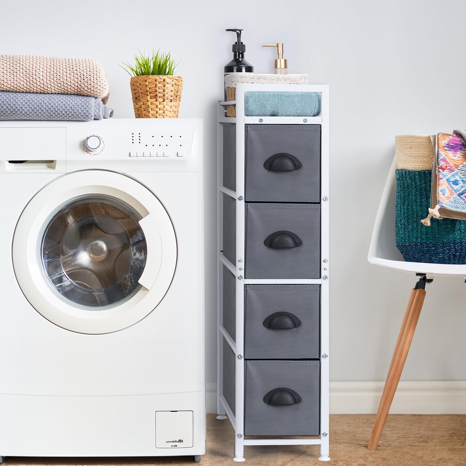 LIANTRAL Commode étroite verticale avec 4 tiroirs en tissu et dessus