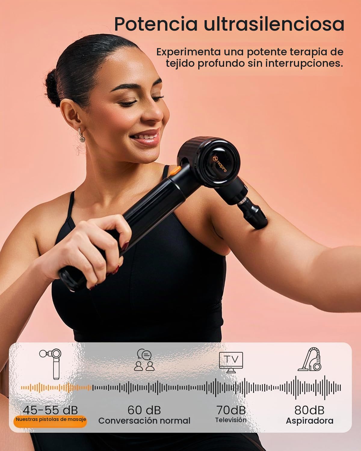 Pistola de Masaje Muscular,Napre Pistola Masaje Muscular con Mango Largo y 3 ángulos Ajustables,Massage Gun Pistola Masajeadora,6 Cabezales y Pantalla LED,Masajeador Muscular Cervical y Espalda,Negro