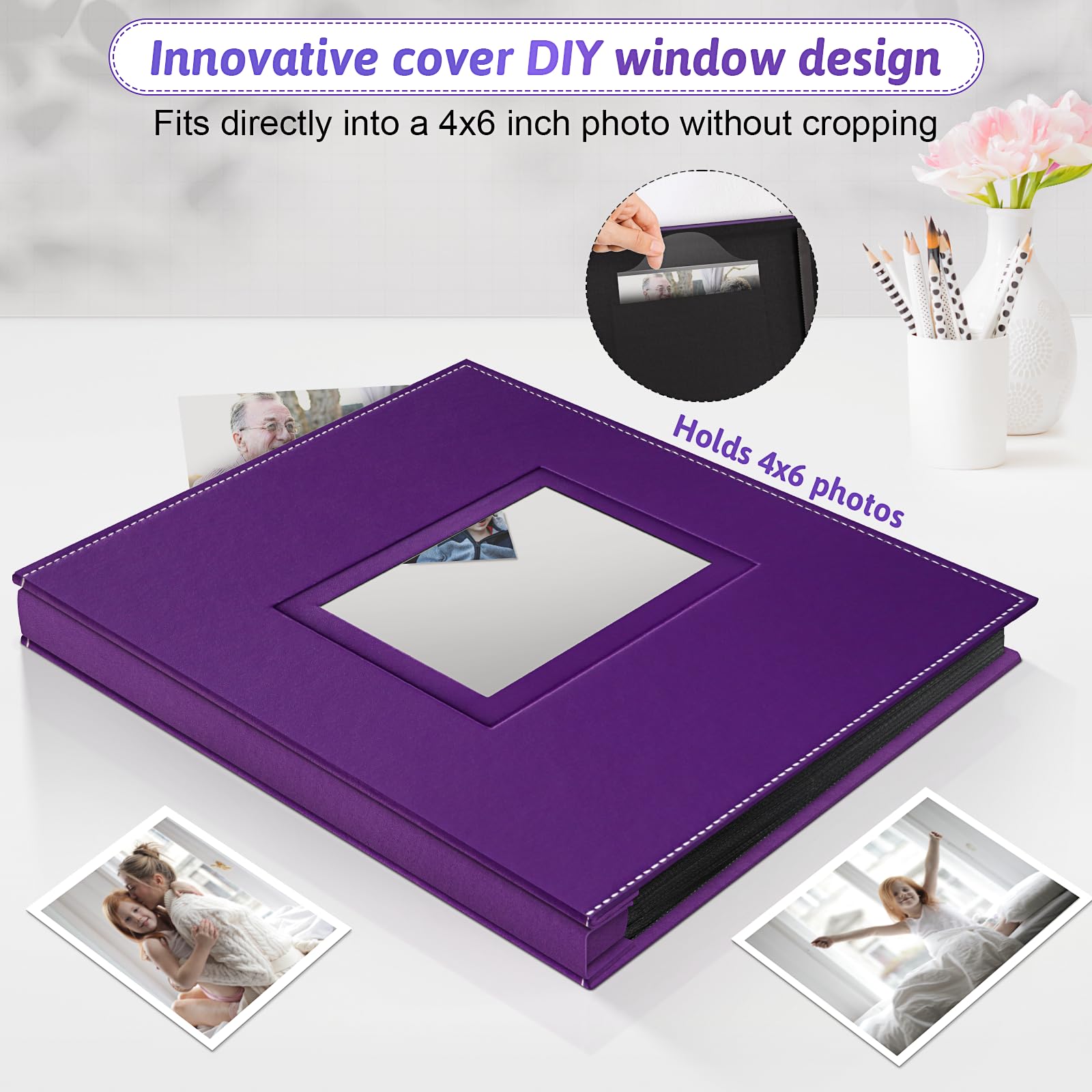 Popotop Fotoalbum, 10,2 x 15,2 cm, 500 Taschen mit Leder-Hardcover-Einband, großes Fotoalbum mit 50 Seiten für Familie, Reisen, Hochzeit, Baby-Geschenke | Kapazität für 500 Fotos, klare Einstecktaschen, großes Sammelformat, Fotofenster, Geschenke für Fami