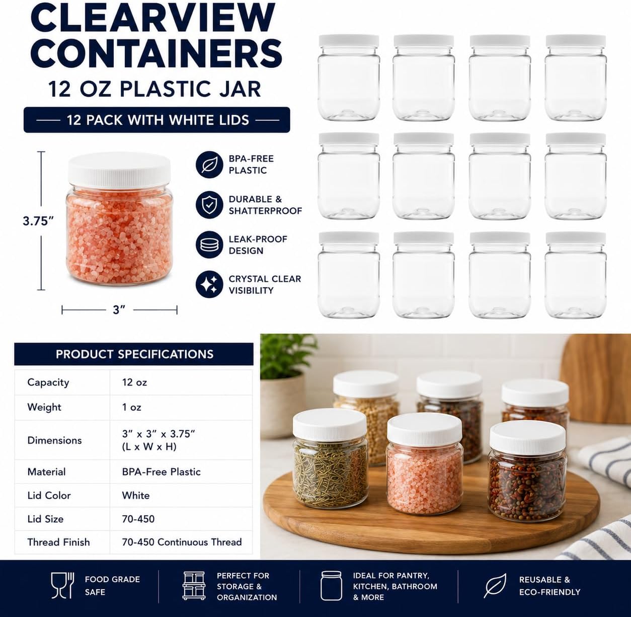 12 Pack - 12 oz (1.5 Cup) Plastic Storage Jars with 70-450 Leak Proof White Lid, Food Grade, BPA Free, Hand Wash Only (12oz, 12pk) image 4