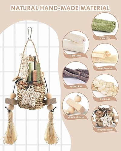 Miniatura 2 de Bissap Juguetes masticables de conejo, cesta colgante de hierba marina natural, planta de agua, conejito tejido para masticar, golosinas para