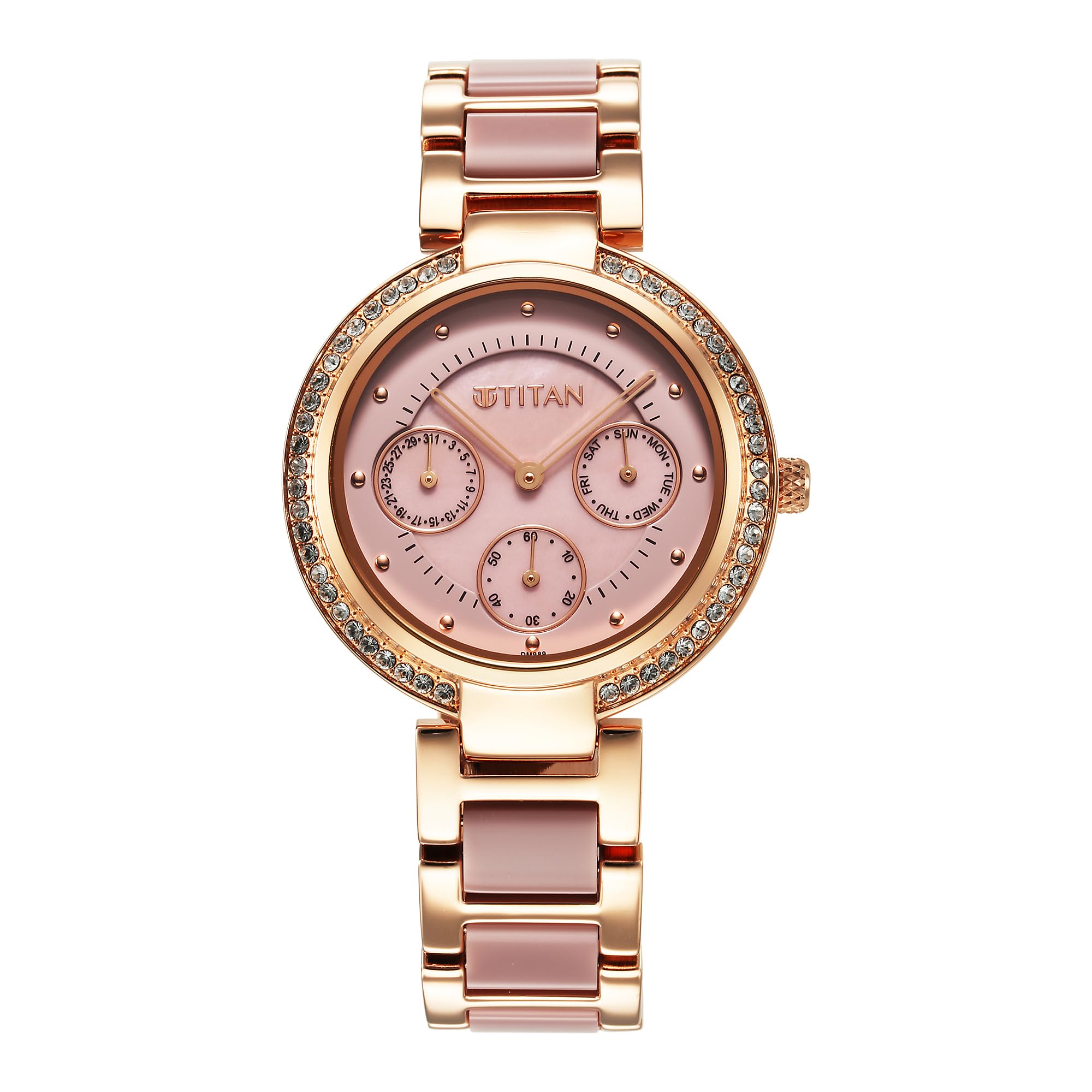 Titan Acetate Mother of Pearl Quartz Multifunction Multicolor Dial, Gold Strap Brass Watch for Women-95187KD02 (B0CBM91PRC) Amazon Price History, Amazon Price Tracker