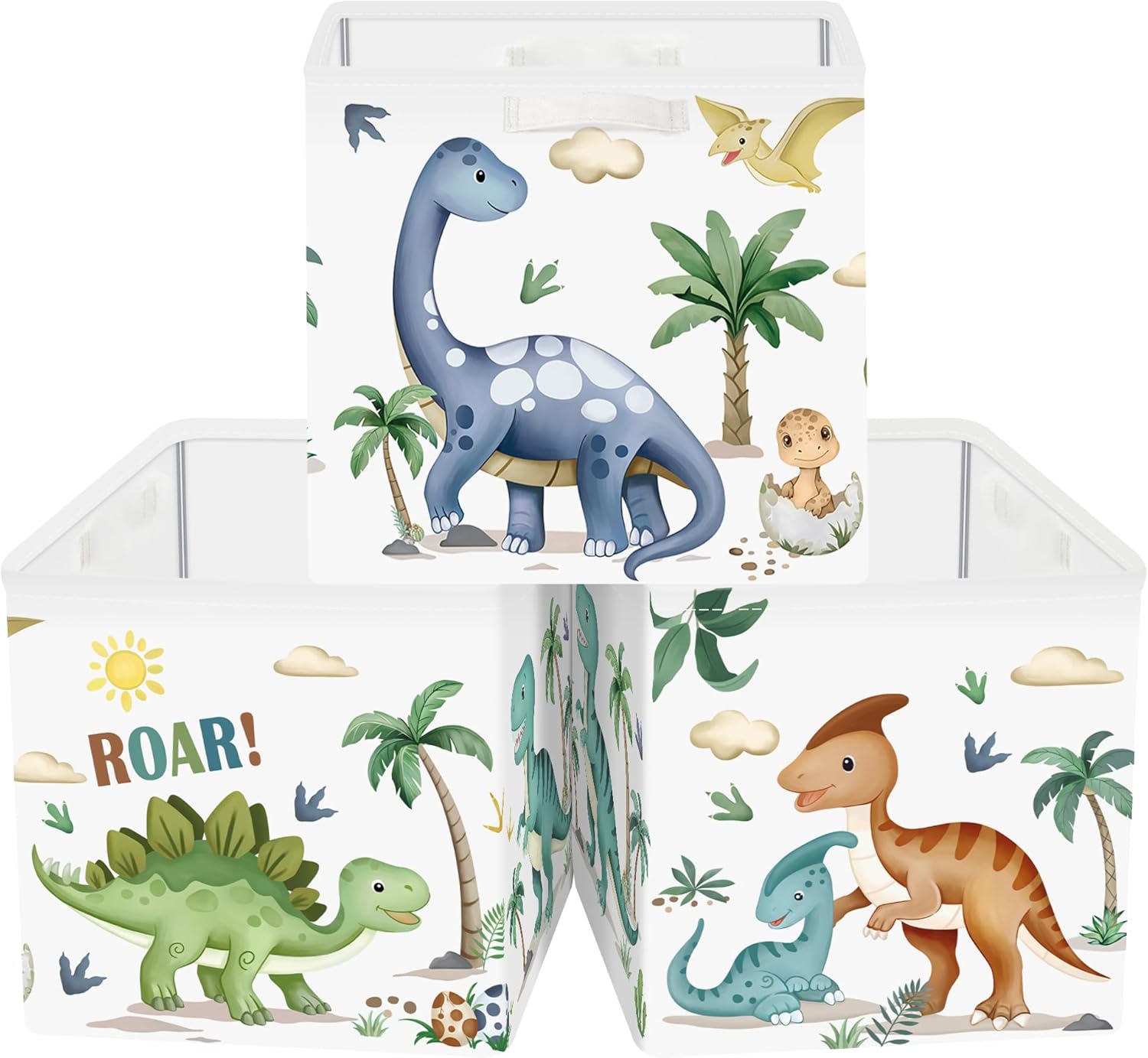 Clastyle 3 Pack 11.8'' Fabric Dinosaur Storage Basket for Shelves Collapsible Closet Organizers with Metal Frame Bottom Board Large Kid Clothes Toy Book Cube Bin for Playroom Bedroom,Boho