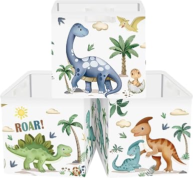11.8" Boho Dinosaur Cube Storage Organizer Set 3Pcs Dragon Palms Cube Storage Bin for Bedroom Tyrannosaurus Rex Kid Book Toy Chest, Cartoon Dino