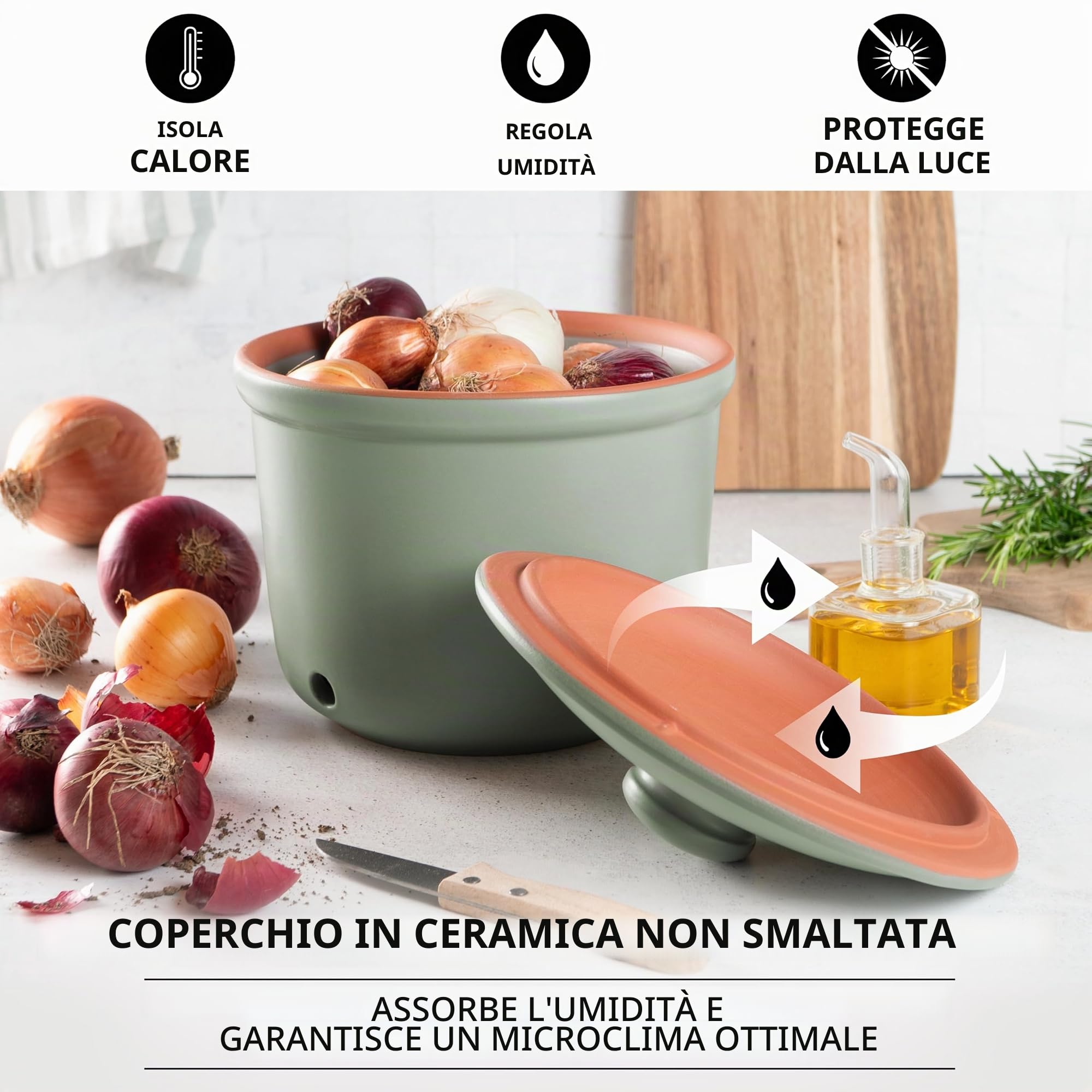 Römertopf Set 3 Contenitori Freschezza in Ceramica – Porta Aglio, Cipolle e Patate, Conservazione Naturale e Traspirante, Verde, tradizione dal 1967