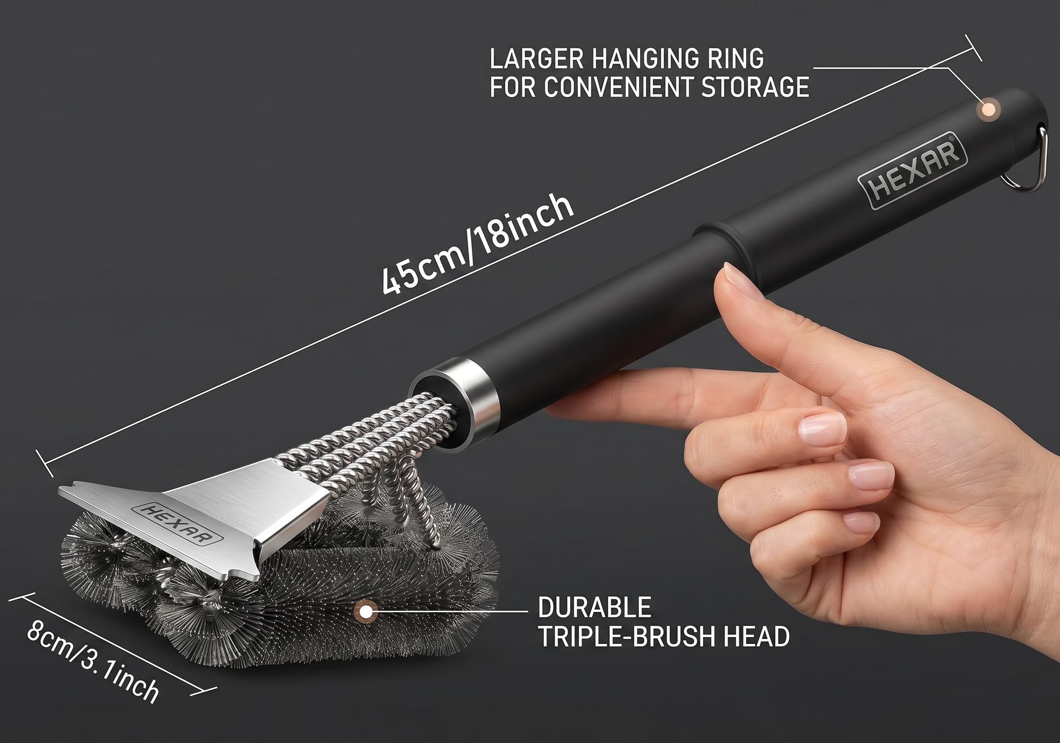 HEXAR Grillbürste, Barbecue Grill Reinigungsbürste Kombination aus Bürste mit Schaber, BBQ Reinigungsbürste mit Edelstahlborsten und extra langem PP-Griff