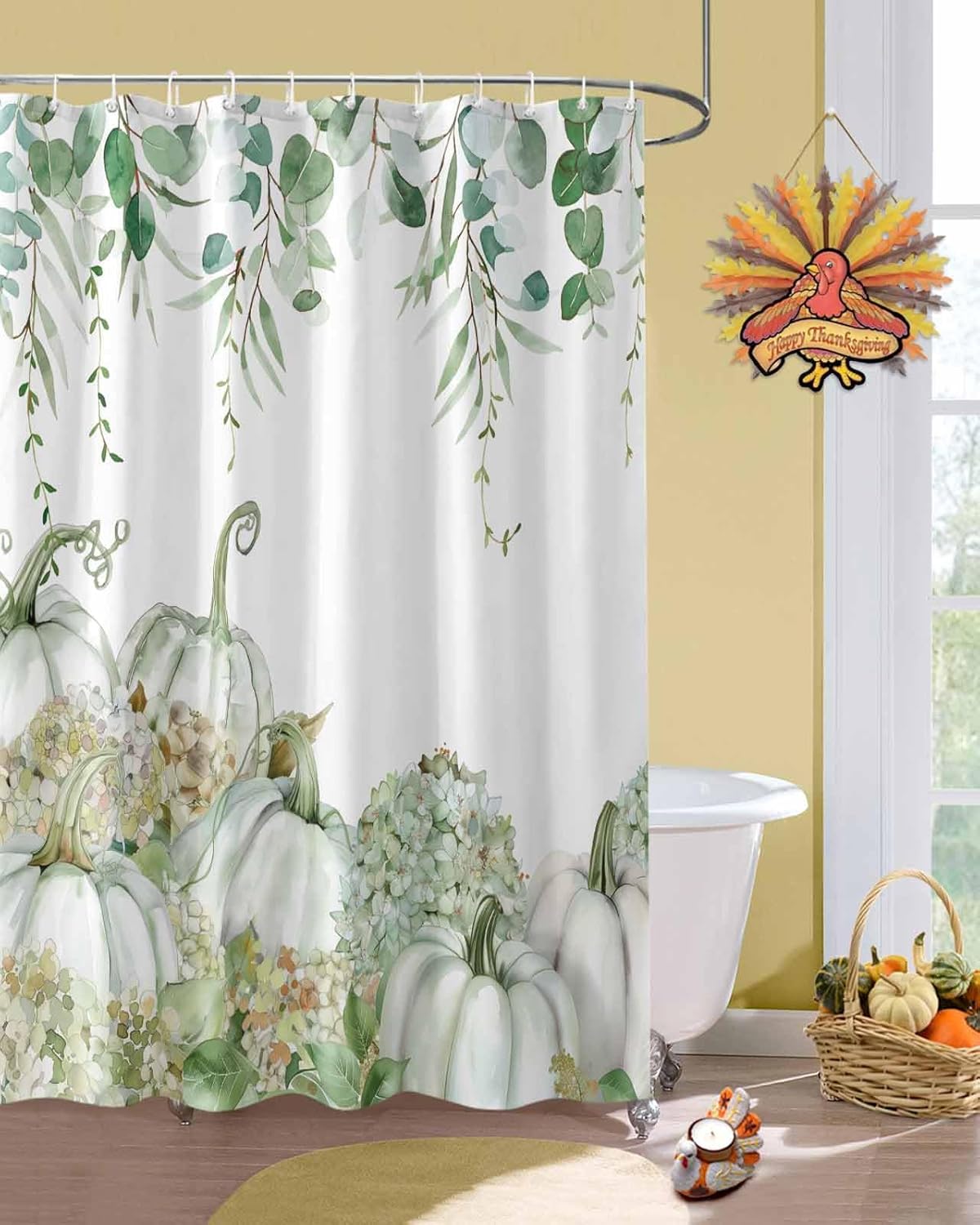 Fall Thanksgicing Shower Curtain for Bathroom, Eucalyptus Leave Hydrangea Pumpkin Texture Waterproof Fabric Shower Curtain, Sage Green Shower Curtain for Holiday Bathroom Bathtub Decor,36x72IN