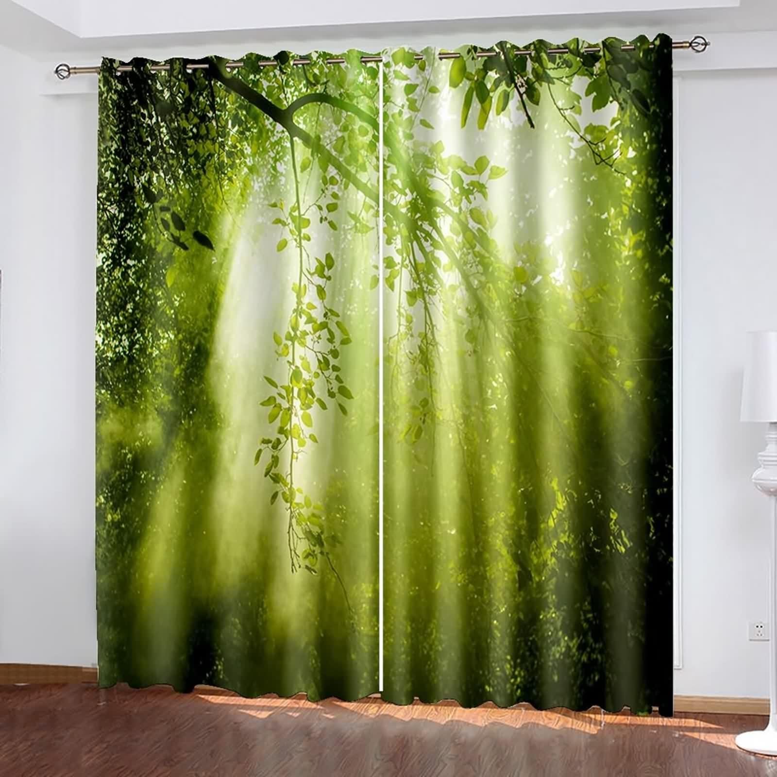 Rideau Stof Polyester, Rideau Anniversaire Vert Branches et Soleil Décoration Chambre Salon 102L x 214H CM Lot de 2