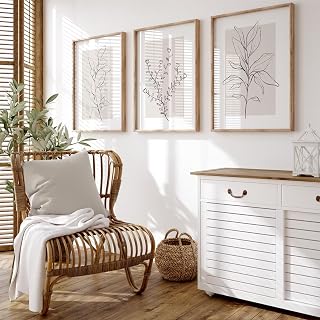 Neutral Botanical Minimalist Canvas Wall Art Prints - Vintage Beige Boho Farmhouse Line Art Set of 3 Unframed 16x24in Bedroom Decor