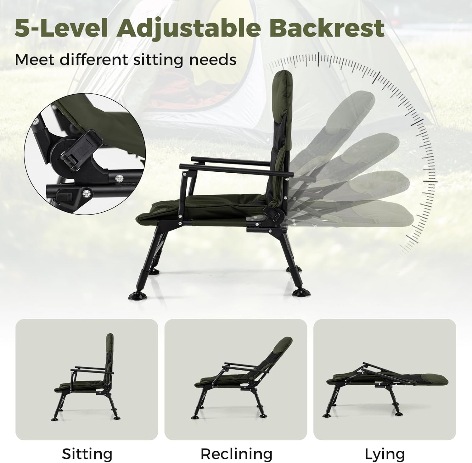 Goplus Oversized Foldable Fishing Chair for Adults, Heavy Duty All-Terrain Camping Chair with Padded High-Back, Armrest, Adjustable Feet, Portable Recliner for Outdoor Patio Beach Garden