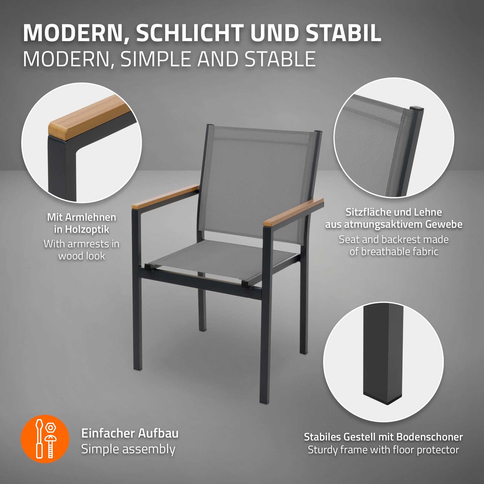 ML-Design Juego 2X Sillas de Jardín Gris Oscuro Asiento de Textilene para Terraza, Aspecto Madera y Estructura de Aluminio con Reposabrazos y Respaldo Mueble Apliable Resistente a la Intemperie