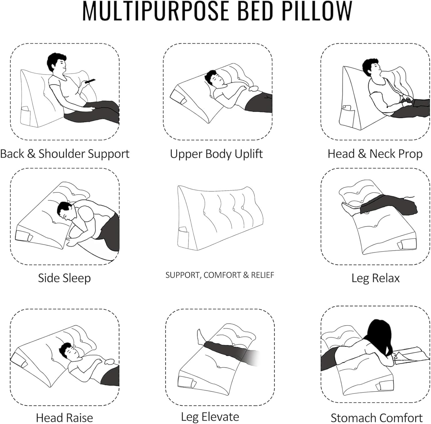 Triangular Headboard Cushion Wedge Cushion Lumbar Support Cushion Bed Reading Pillow, with Pocket Removable Cover for Home Bedrooms and Lounges (Black,39.3in)