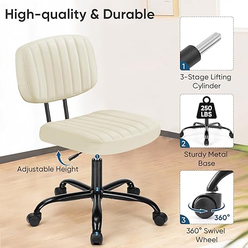 Miniatura 5 de DUMOS Silla de escritorio de oficina en casa sin brazos, pequeña ergonómica con soporte lumbar de respaldo bajo, altura ajustable de piel sintética
