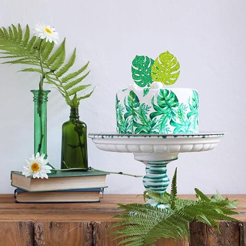 Miniatura 7 de Whaline 48 adornos para cupcakes con hojas tropicales con purpurina, hojas de palma verdes y diseños de tortuga feliz, perfectos para fiestas de