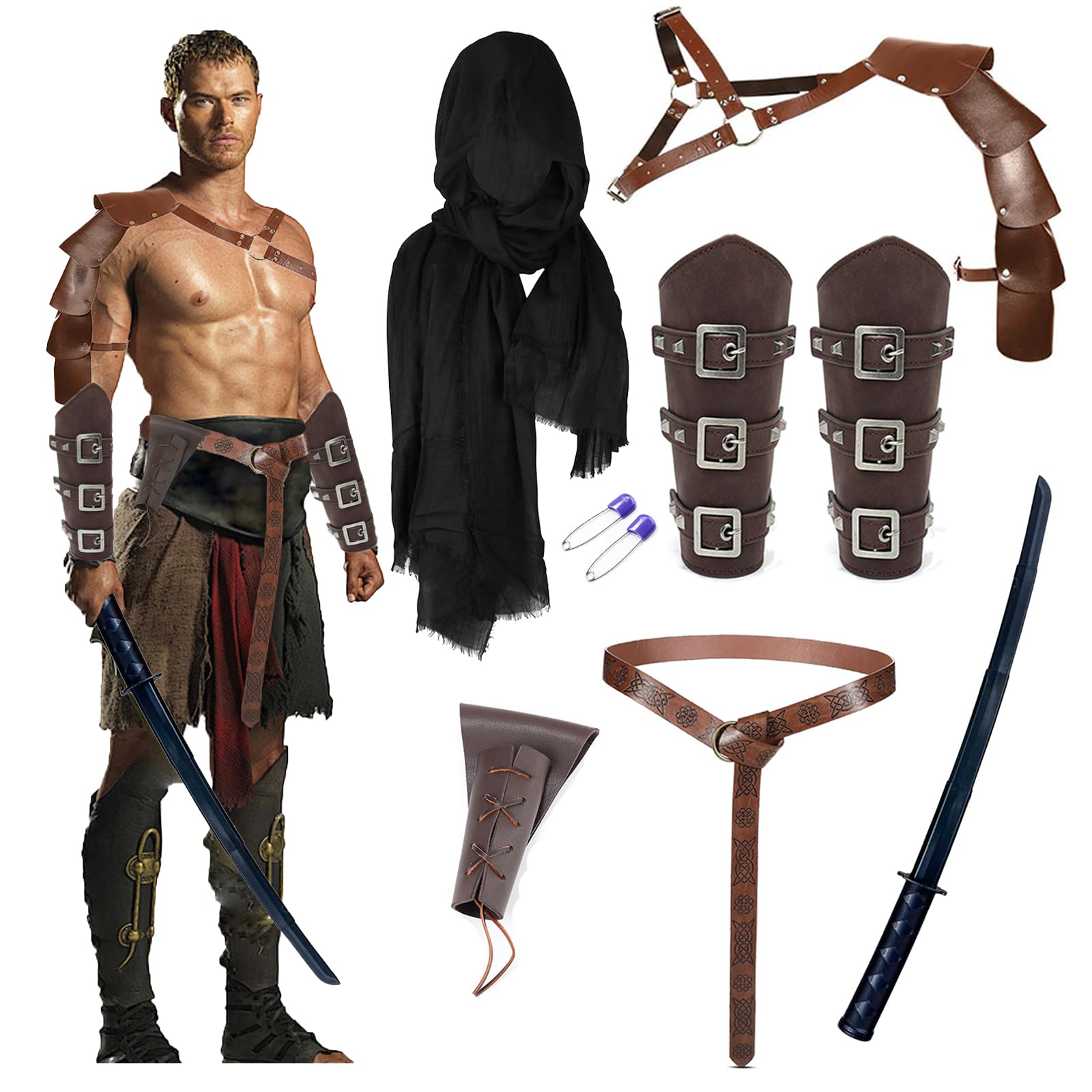Wazoci Medieval Renaissance Accessories Viking Belt Shoulder Armor Buckle Bracers Half Shoulder Scarf Shawl Costume Sword Frog (Brown)