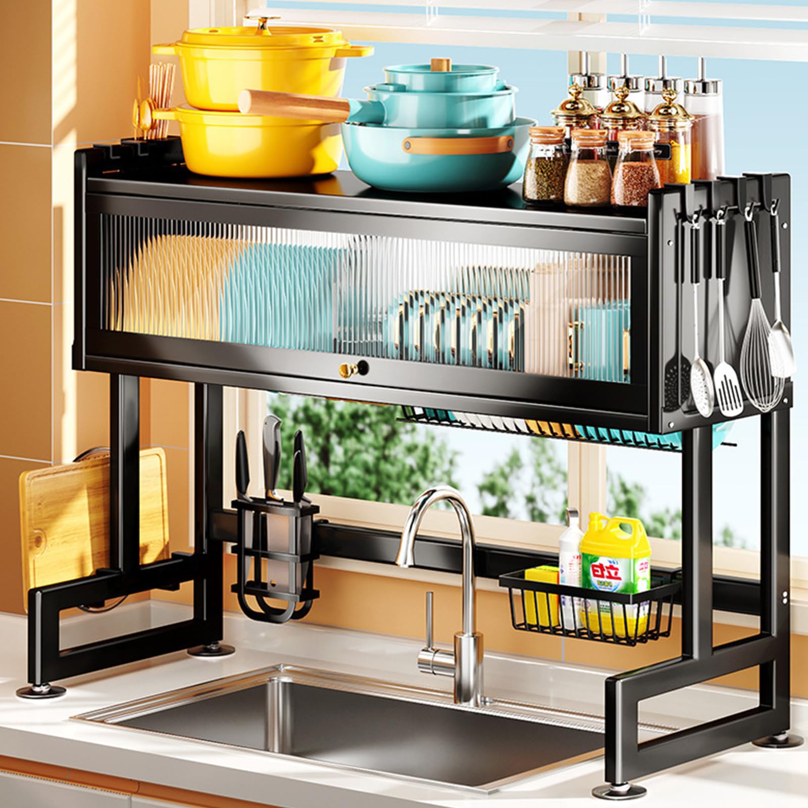 Escurreplatos para fregadero – Escurridor de platos de gran capacidad con 6 ganchos, fregadero de cocina para utensilios de cocina, tabla de cortar, elegante diseño negro