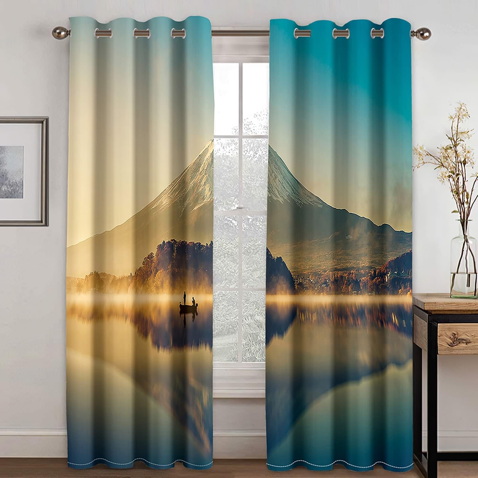 Vorhänge Blickdicht, Verdunklungsvorhänge Grün Landschaft See und Berg 2er Set H 160 x B 96 cm Abdunkelnde Gardinen Ösen für Wohnzimmer