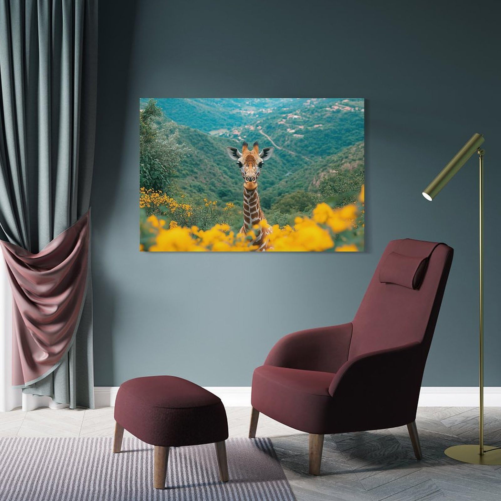 Junmoney Giraffe in A Field of Flowers Home Decor Wall Art 08x12inch(20x30cm), for Hallway, Bedroom Or Modern Interiors, Canvas Artwork with Gifting Potential