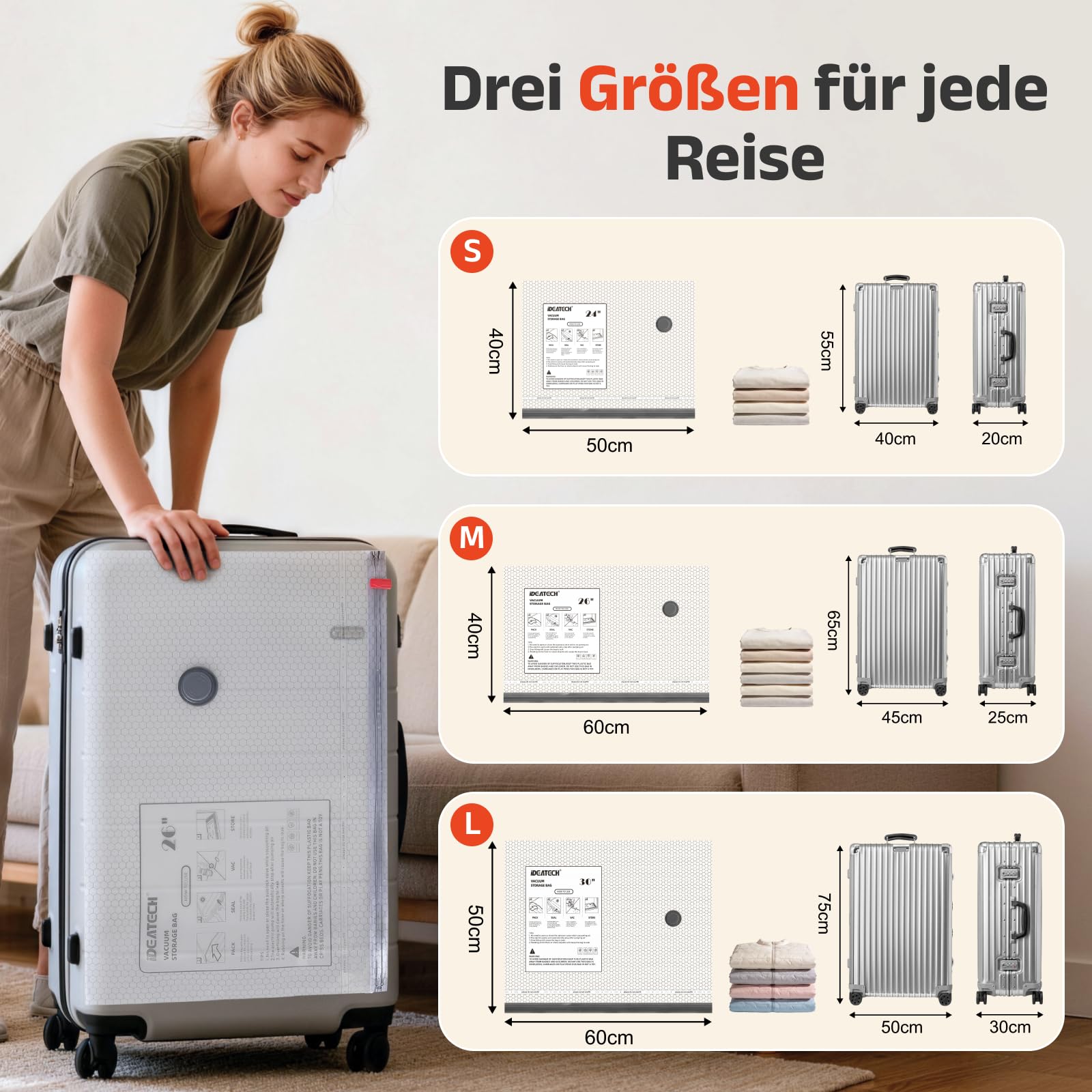 IDEATECH Vakuumbeutel 15 Stück (5S 50x40cm + 5M 60x40cm + 5L 60x50cm) mit Elektrische USB-Pumpe Kompressionsbeutel Wiederverwendbar Luftdicht für Kleidung Bettdecken