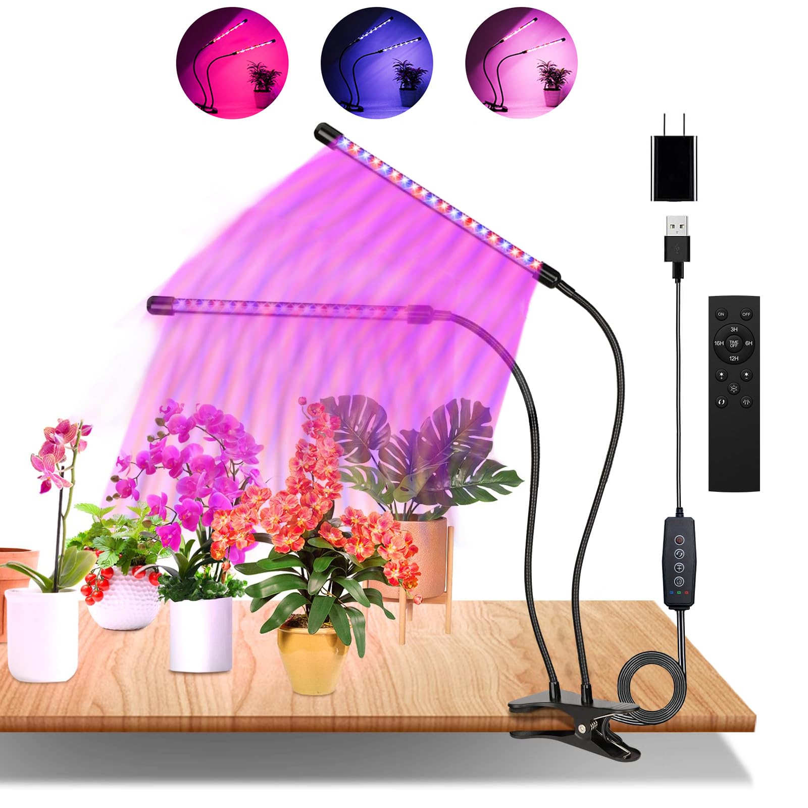 zixunix 60 LEDs Grow Lampe Mit Fernbedienung,Memory-Funktion,Zeitschaltuhr und USB Adapter,360 ° verstellbare Pflanzenlicht, 3 Lichter Modi und 10 Helligkeitsstufen,027