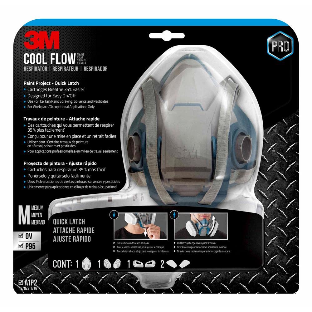 3M P95/OV Paint Project Quick Latch Reusable Respirator 6502QL, Medium Size, NIOSH-APPROVED Organic Vapor Cartridge & P95 Rated Filters, With 3M Cool Flow Valve & Quick Latch System (6502QLPA1-A-PS)