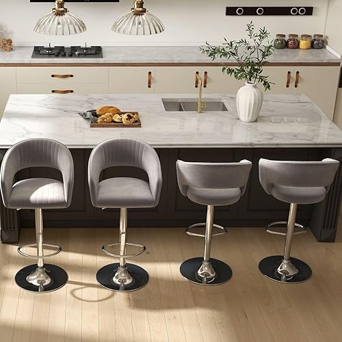 Miniatura 9 de Juego de 2 modernas sillas de bar de cocina con base plateada, taburetes de bar giratorios ajustables con respaldo y reposapiés, taburetes de