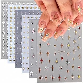 Star Nail Sticker 6 Sheets Gold Sliver Star Nail Art Stickers 3D Self-Adhesive Glitter Star Nail Designs Nail Decals Crystal Diamond Star Nail Charms Stickers for Women Nail Decorations Accessories