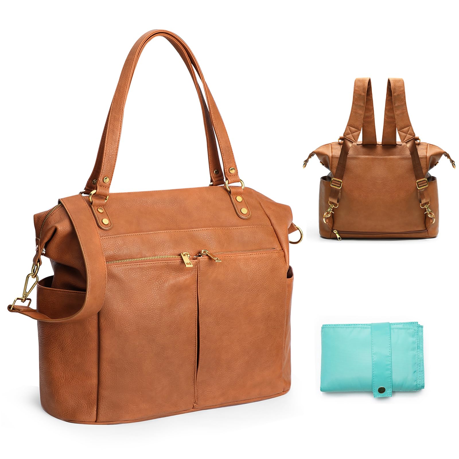 MISS FONG Wickelrucksack Wickeltasche Leder, Baby Rucksack Wickelrucksack Große Kapazität Mit 13 Wickeltasche Organizer, Wickelunterlage für Mama & Papa Wasserdichter Rucksack-Braun